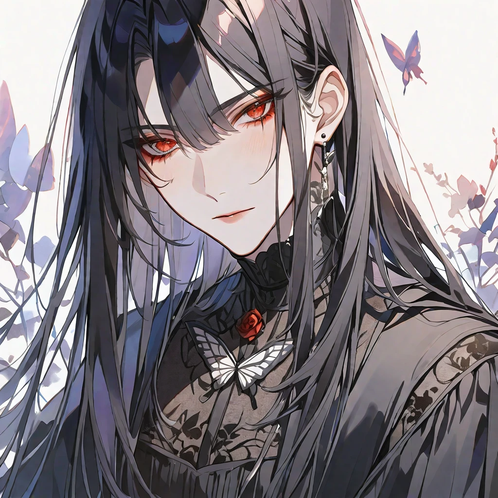 独奏, handsome, Watercolor,
1. male,
hime cut,Straight Hair,long Hair,
black hair,
red Eyes,Soft look,ta,Black Rose Tattoo,butterfly Tattoo,
black knit,
skin,Silver Accessories,
White background,