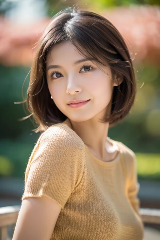 masterpiece, Highest quality, 8K, One wife, 45 years old、The right human hand, Correct human finger, Skinny Japanese woman, cute, Girlish, Delicate woman, Pure beauty, Small breasts, Very small waist, Sexy lips, Illumination, avert your eyes, RAW Photos, debt/1.8, 135mm, Canon, Anatomically correct, Bokeh，Textured skin, Professional photography, Soft Light, Professional Lighting, Backlight, film grain, (Eye and facial details:1.0), Brown Hair, Medium length hair swaying in the wind, Silk blouse,
