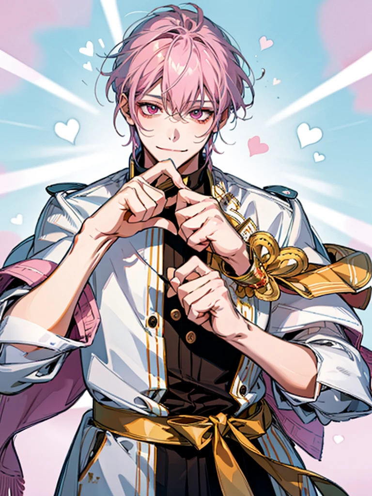 clear line drawing, transparent watercolor, clear shading, beautiful young man, slim,finger heart, Fashionable everyday wear, convey love, inner strength, ❤️, loves it,high quality, Amount to draw, pixiv illustration,smile, {{{man make heart symbol with fingers,make heart symbol with index fingers and middle fingers}}},mail,pink hair,pink eyes