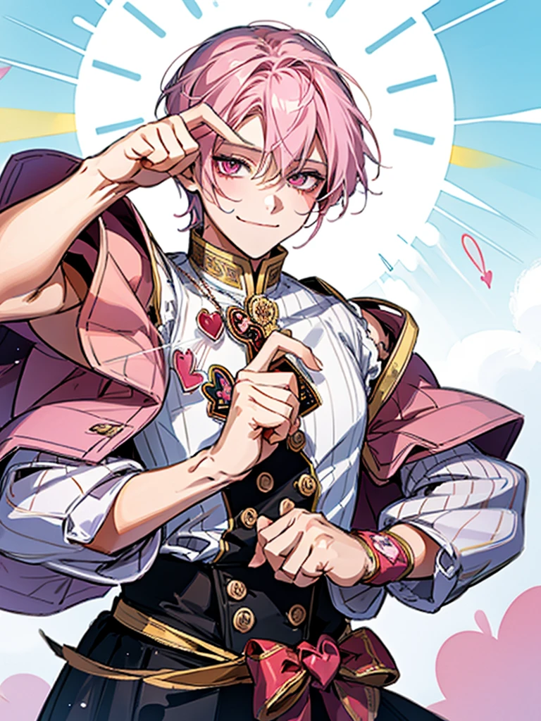 clear line drawing, transparent watercolor, clear shading, beautiful young man, slim,finger heart, Fashionable everyday wear, convey love, inner strength, ❤️, loves it,high quality, Amount to draw, pixiv illustration,smile, {{{man make heart symbol with fingers,make heart symbol with index fingers and middle fingers}}},mail,pink hair,pink eyes