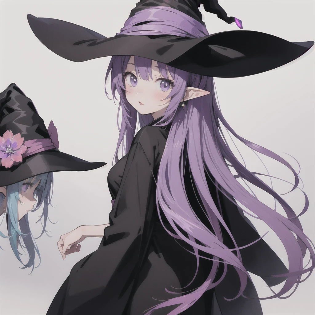 anime girl long purple hair wearing a black Robe. she has pointy ears. Witch Hat. Manga kawaii. iridescent ,An illustration, 0ne person .look back