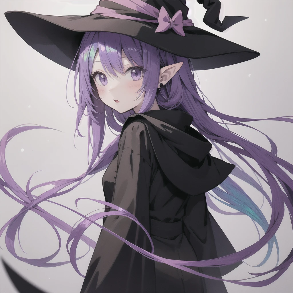 anime girl long purple hair wearing a black Robe. she has pointy ears. Witch Hat. Manga kawaii. iridescent ,An illustration, 0ne person .look back