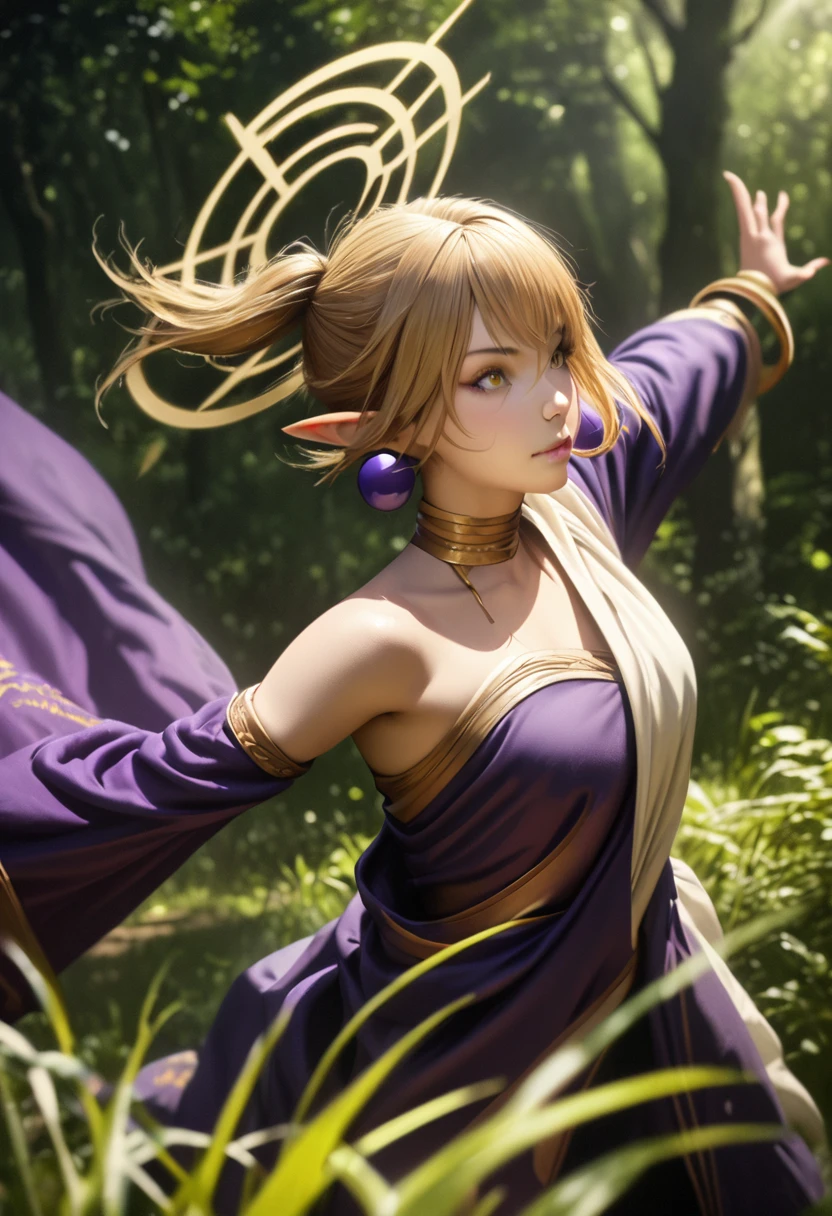 photorealistic, (4k), depth of field, (Masterpiece), (realistic skin texture), extremely detailed, intricate, hyper detailed, professional photography, bokeh, high resolution, sharp detail, best quality, woman, short hair, blonde hair, yellow eyes, long twintails, pointy ears, halo, gold and purple earrings, detached sleeves, gold choker, white and purple robe, robe over one shoulder, gold bracelets, dynamic pose, (dynamic pose), forest, tall grass, light rays, forest clearing,