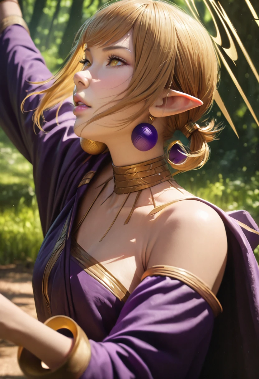 photorealistic, (4k), depth of field, (Masterpiece), (realistic skin texture), extremely detailed, intricate, hyper detailed, professional photography, bokeh, high resolution, sharp detail, best quality, woman, short hair, blonde hair, yellow eyes, long twintails, pointy ears, halo, gold and purple earrings, detached sleeves, gold choker, white and purple robe, robe over one shoulder, gold bracelets, dynamic pose, (dynamic pose), forest, tall grass, light rays, forest clearing,