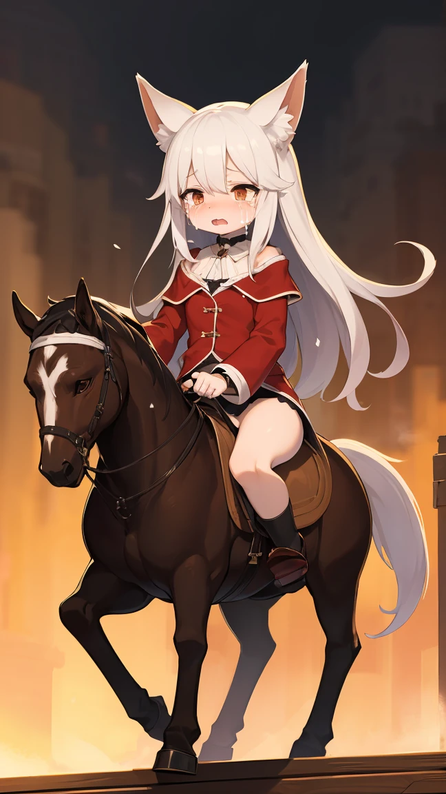 nsfw, 1 female fox, young, straight long white hair, riding on rocking horse, crying, brush, ambient light, full body, high quality, high-details, best quality, 