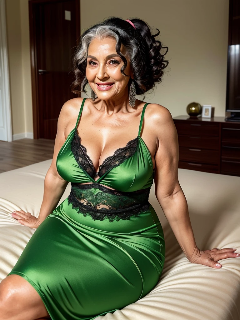 Mature old woman 80 years with black curly hair, ponytail, plus size, old face and body with many wrinkles, smiling, loose skin, sitting at bedroom posing for photo, She wearing green dress with large neckline and black lace stockings side view. jaw dropping mature older beauty, old face and body with wrinkles, old face, attractive grandma, a gorgeous old hair, beautiful old grandma, lovely older mature grandma, gorgeous beautiful grandma over 80 years old, beautiful black curly hair grandma, beautiful detailed body and face, a beautiful old granny