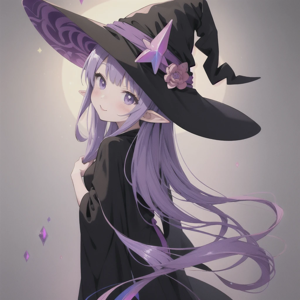 anime girl long purple hair wearing a black Robe. she has pointy ears. Witch Hat. Manga kawaii. iridescent ,An illustration, 0ne person .look back