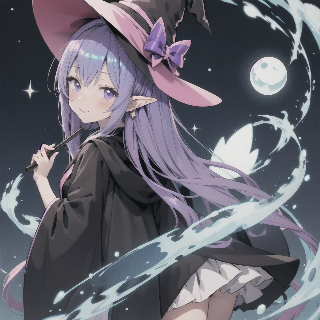 anime girl long purple hair wearing a black Robe. she has pointy ears. Witch Hat. Manga kawaii. iridescent ,An illustration, 0ne person .look back