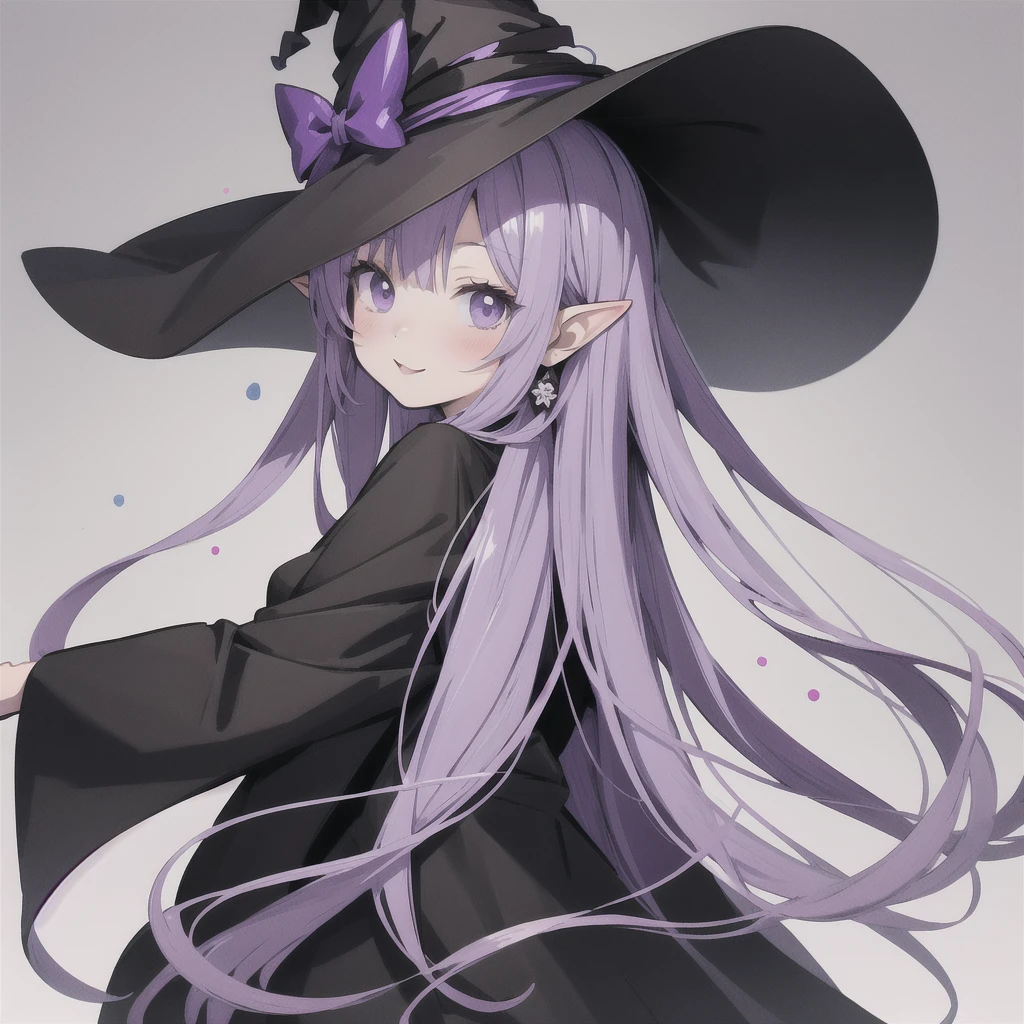 anime girl long purple hair wearing a black Robe. she has pointy ears. Witch Hat. Manga kawaii. iridescent ,An illustration, 0ne person .look back