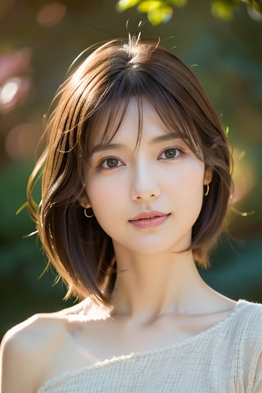 masterpiece, Highest quality, 8K, One wife, 45 years old、The right human hand, Correct human finger, Skinny Japanese woman, cute, Girlish, Delicate woman, Pure beauty, Small breasts, Very small waist, Sexy lips, Illumination, avert your eyes, RAW Photos, debt/1.8135mm, Canon, Anatomically correct, Bokeh，Textured skin, Professional photography, Soft Light, Professional Lighting, Backlight, film grain, (Eye and facial details:1.0), Brown Hair, Medium length hair swaying in the wind, Silk blouse,
