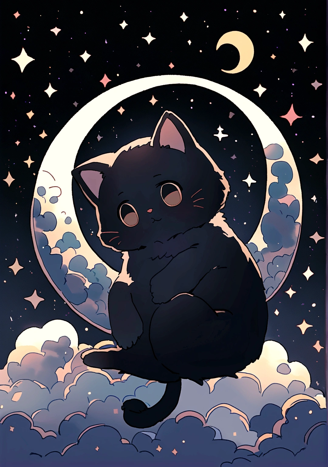 Very cute sleepy black cat on the moon
