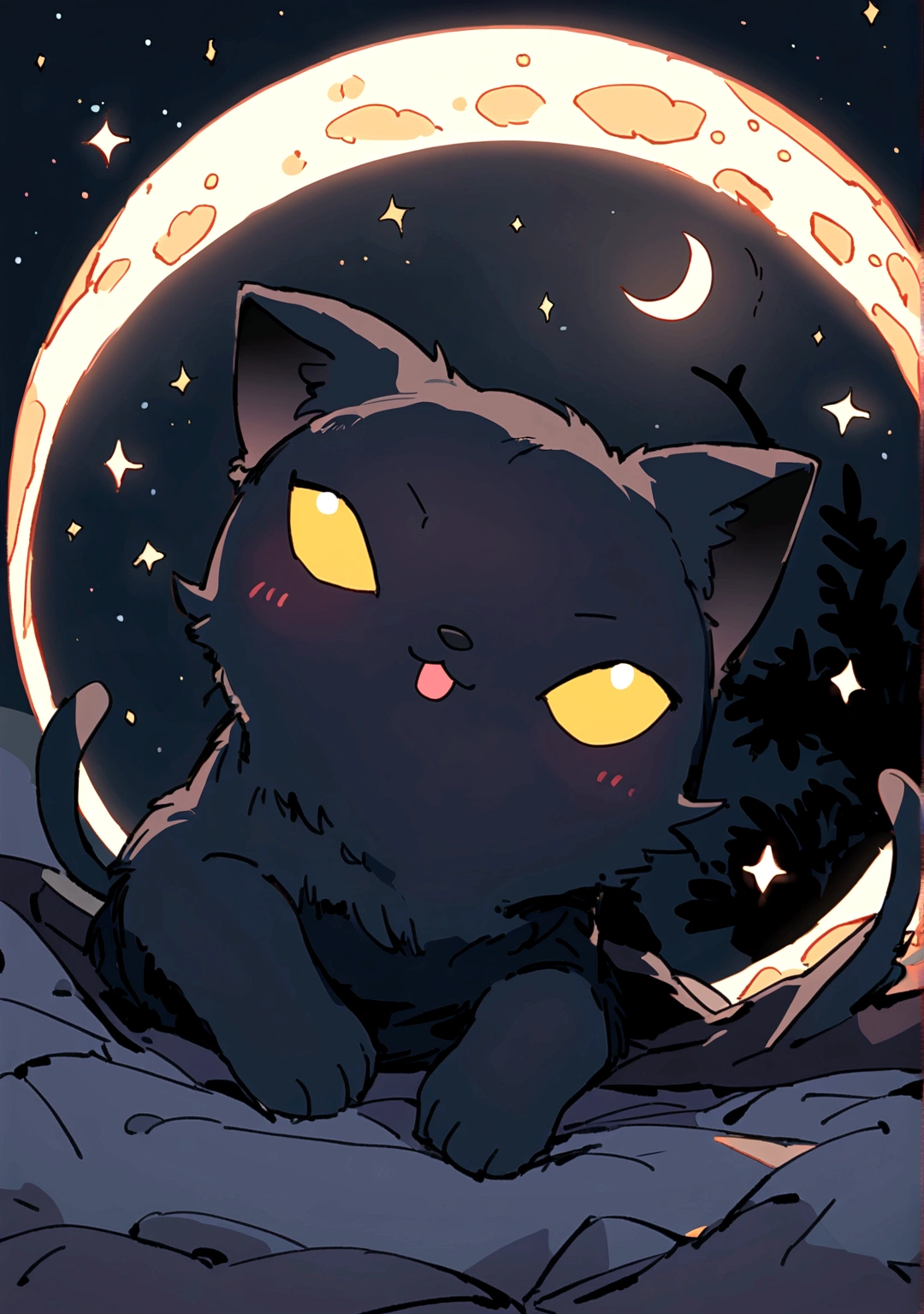 Very cute sleepy black cat on the moon