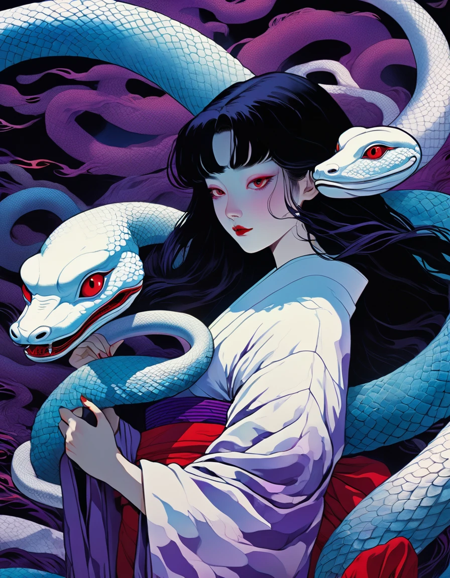 illust、art、from 80s horror movie, directed by Junji Ito、A woman in a kimono embracing a giant white snake、Stylish、high detail, realsitic shadow、Analog style, vhs style, 8mm film, chromatic aberration, Dvd screengrab、Blue-purple and red-purple gradation、Surrealism、Mucus
