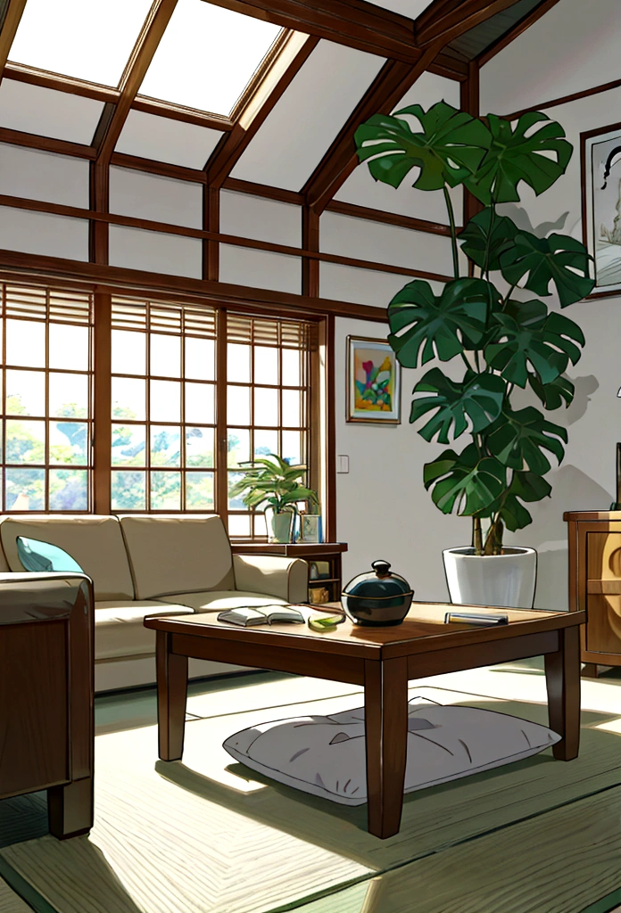 Shinkai Makoto，Art style，In the spacious and bright living room，carding、A Bible on the table simple style，In the middle is a large pot of white monstera