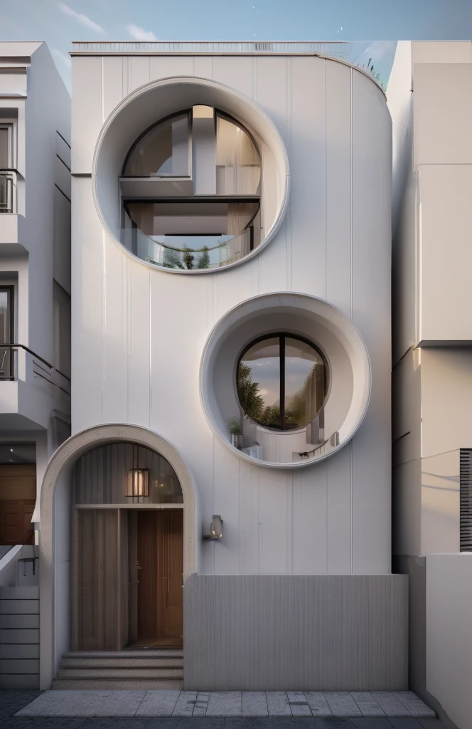 (Townhouse in city ,close houses and trees), daylight ( best quality) ((high solution)) ,(( photo realistic)) ,warm light, (sharp focont view of townhouse in style of modern,small house, Narrow area,VietNam,facade, curved arch,beautiful facade,curved windown,narrow and long ,two-storey,mutual colours, soft lighting, warm atmosphere,high Resolution, hyper detailed,4k ,vray render, octane render, hyper realistic, photography expert ,exterior design , professional photography, exterior photography,wide-angle shot , ultra detail , high Resolution , full frame, full body


