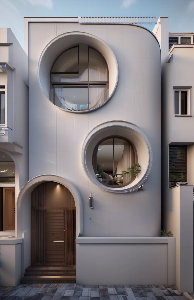 (Townhouse in city ,close houses and trees), daylight ( best quality) ((high solution)) ,(( photo realistic)) ,warm light, (sharp focont view of townhouse in style of modern,small house, Narrow area,VietNam,facade, curved arch,beautiful facade,curved windown,narrow and long ,two-storey,mutual colours, soft lighting, warm atmosphere,high Resolution, hyper detailed,4k ,vray render, octane render, hyper realistic, photography expert ,exterior design , professional photography, exterior photography,wide-angle shot , ultra detail , high Resolution , full frame, full body


