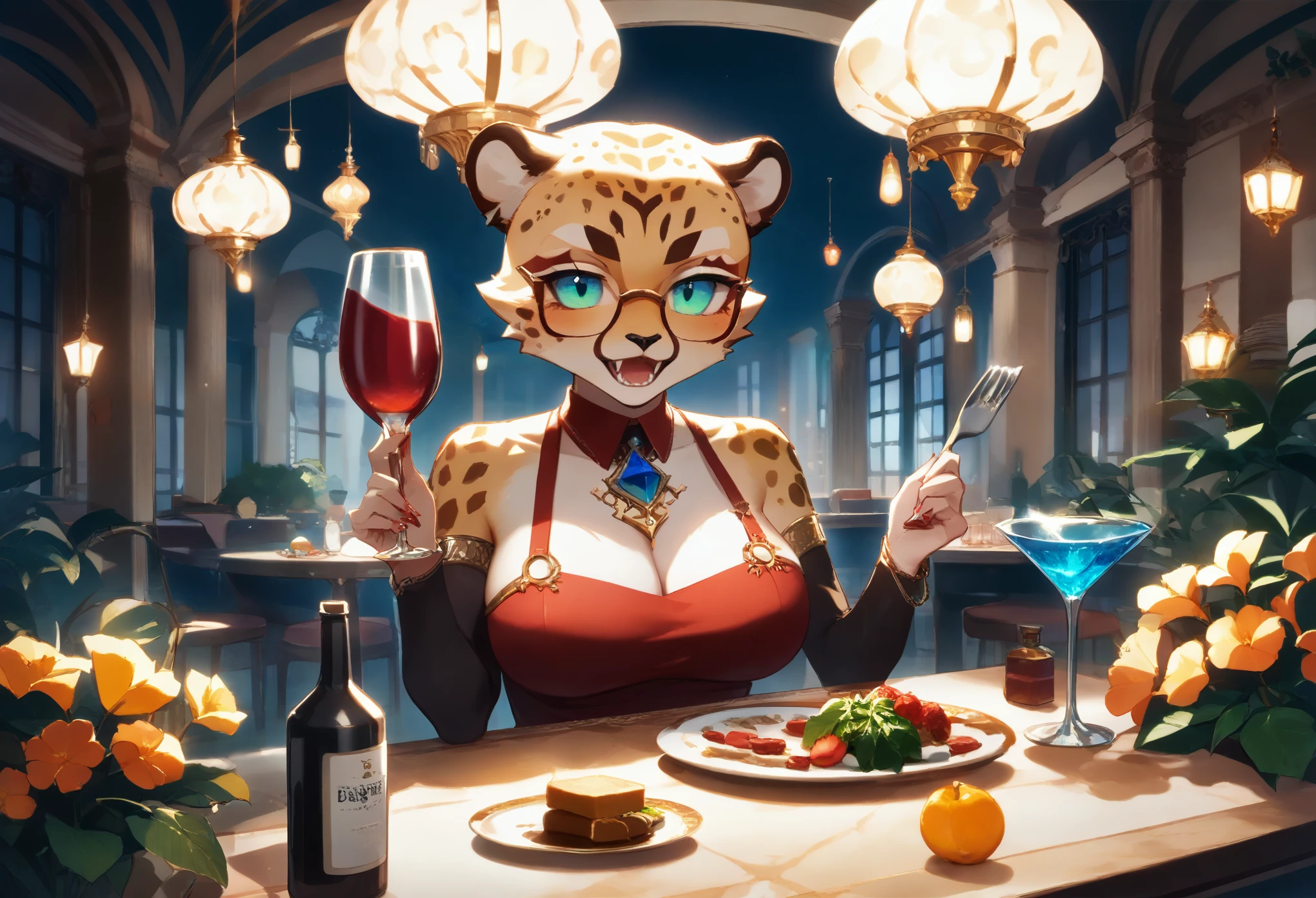 score_9, score_8_up, score_7_up, score_6_up, score_5_up, score_4_up,source_anime, source_furry,rating_safe,(cheetah:1.5) female\(furry,20s, elegant, beautiful, fluffy fur, slender, long legs, cat family eyes, big slit eyes, long eyelashes, big mouth, sharp teeth, big breasts, brave,tube dress\( tight, short, white \), blue sunglasses\(eyes peeking through\), high heels, lots of sparkly accessories,disturbed face,sitting) is eating a thick rare steak\(on the table,blood dripping\) with a fork and knife, BREAK ,background\(at a gorgeously decorated steak restaurant, on the table\(white satin tablecloth\) are wine\(red,glasses,bottles\) and flowers, BREAK ,quality\(8k,wallpaper of extremely detailed CG unit, ​masterpiece,hight resolution,top-quality,top-quality real texture skin,hyper realisitic,increase the resolution,RAW photos,best qualtiy,highly detailed,the wallpaper,cinematic lighting,ray trace,golden ratio\)