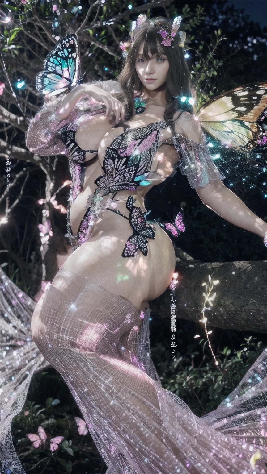 Big woman inside the manga tree at night setting there she looks like fairy tale wearing glowing butterfly effect clothes full personality, long hairs, realistic face,clear face,nose,pinkchick,view POV from gorgeous face