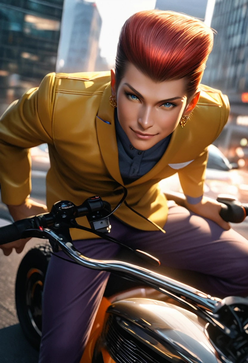 Masculine, tall, slicked back with elegant and modern quiff, middle-aged, front view, tanned, smooth, radiant, healthy skin, bright, navy blue eyes, with highlights, wearing yellow suit with orange details, confident smile, mouth semi-open, relaxed expression, salmon and deep red hair, pompadour hairstyle, shiny, detailed, navy blue earrings, yellow suit with orange details, elegant, purple pants, light brown tennis shoes, many accessories, full body, wearing a motorcycle, modern city background, office building, elegant, illuminated, 8k quality, extremely detailed, masterpiece, high resolution, realistic skin texture, hyper realistic, increase resolution, raw photos, best quality, highly detailed, background screen, cinematic lighting, ray trace, golden ratio, dynamic angle, close-up of face, looking at viewer, in elegant position, best posture, full body