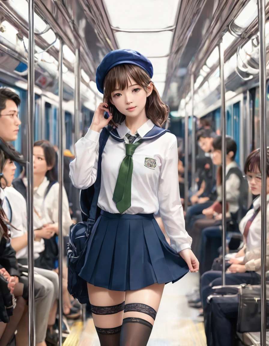 nsfw、BREAK Perfect Anatomy、Highest quality、(cute:1.1)、(cute)、(High resolution:1.2)、Unbelievably absurd:1.3、Incredible illustrations、(cuteイラスト:1.2)、(Beautiful background、Inside a crowded train)(1 girl) 、solo)、(10th Generation、JK)、slender、、、、Eye highlights、embarrassed、、1girl(beret、Cotton shirt、Check skirt、school bag、Headphones)