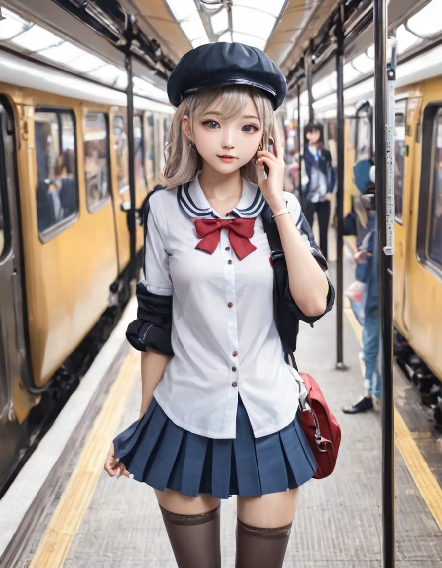 nsfw、BREAK Perfect Anatomy、Highest quality、(cute:1.1)、(cute)、(High resolution:1.2)、Unbelievably absurd:1.3、Incredible illustrations、(cuteイラスト:1.2)、（Beautiful background、Inside a crowded train）(1 girl) 、solo)、(10th Generation、JK)、slender、、、、Eye highlights、embarrassed、、1girl(beret、Cotton shirt、Check skirt、school bag、Headphones）