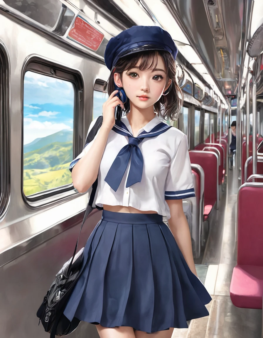 nsfw、BREAK Perfect Anatomy、Highest quality、(cute:1.1)、(cute)、(High resolution:1.2)、Unbelievably absurd:1.3、Incredible illustrations、(cuteイラスト:1.2)、（Beautiful background、Inside a crowded train）(1 girl) 、solo)、(10th Generation、JK)、slender、、、、Eye highlights、embarrassed、、1girl(beret、Cotton shirt、Check skirt、school bag、Headphones）