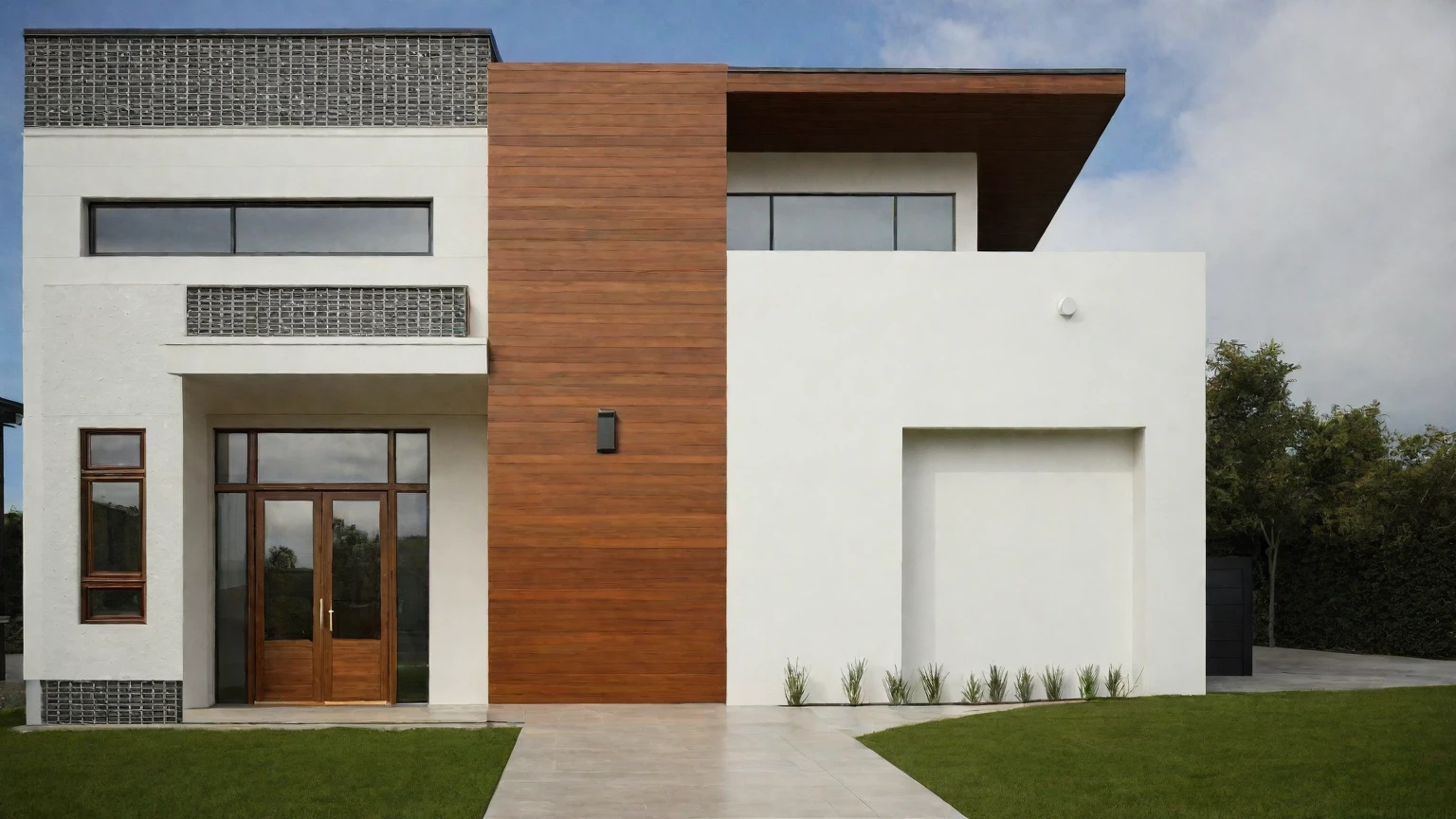 exterior house, contemporary style, white wall, wood wall, wood door, glass window, (realistic:1.2), Masterpiece, high quality, best quality, authentic, super detail, outdoors,road,pavement, grass, trees, sky, cloud, (daylight:1.1)
