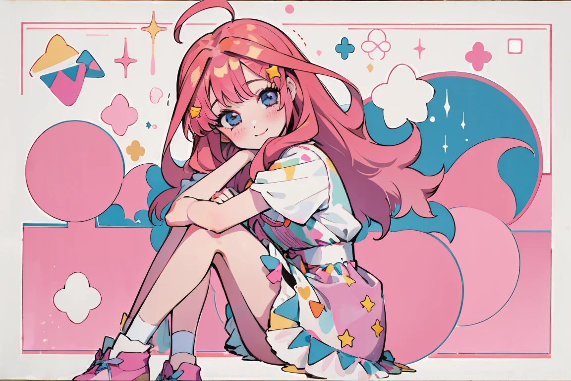 ((best quality)), ((masterpiece)), (detailed), perfect face, 1girl, nakano itsuki, smiling, whimsical, triad color pallette, hugging knees, looking at viewer, pink water droplets, smiling, flat colouring, full body, blank space on the left, fluffy red hair, star hairclips