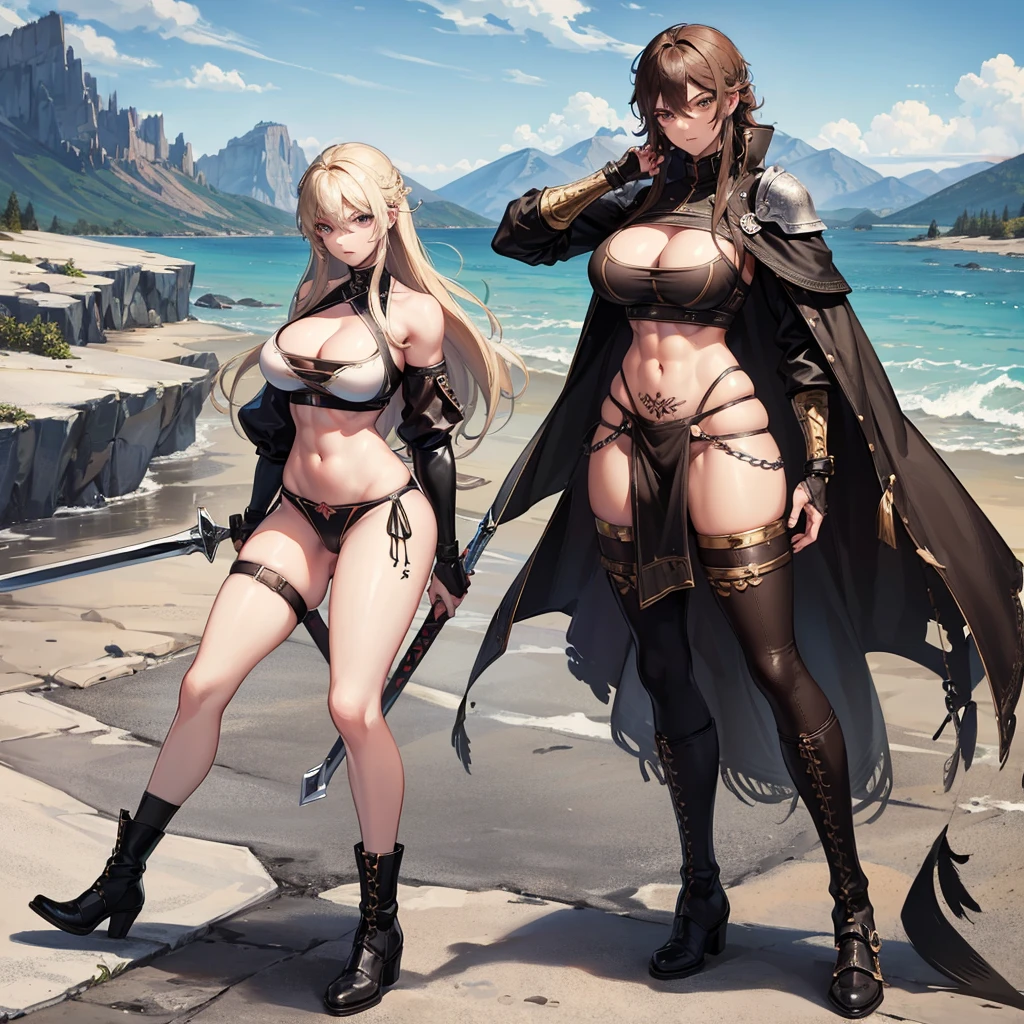 Black Viking left arm tattoo design, a full body muscular viking man and beautiful blond woman showing big busty and butt without any clouds showing vagina, muscular legs, holding big sword with right hand, brown hair divided with bangs, perfect eyes, wearing warrior leather shoes, wearing warrior boots, lake and mountains in the background.