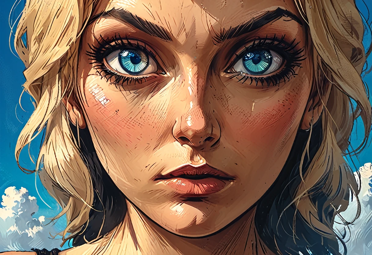 macro blue Eyes,
on cloud sky background, shadows, 
head turn, 
fisheye,

close up portrait girl, adult, [Nordic], Hourglass  perfect Olive skin, Oval Face, Long neck, Rounded shoulders, Attached Pointed ears, round forehead, Short blonde Waves pixie hair, snub nose, Arched eyebrows, (((monolid blue Eyes))), High Round Narrow cheekbones, Dimpled Cheeks, Rounded Chin, Rounded Jawline, Fine Puppet Wrinkles, Full nude Lips, Nude Makeup Look, long eyelashes, 
 graphic style of novel comics, 
2d, 8k, iMax, hyperrealism, masterpiece, high resolution, best quality, ultra-detailed, super realistic, Hyperrealistic art, high-quality, ultra high res, highest detailed, lot of details, Extremely high-resolution details, incredibly lifelike, colourful,