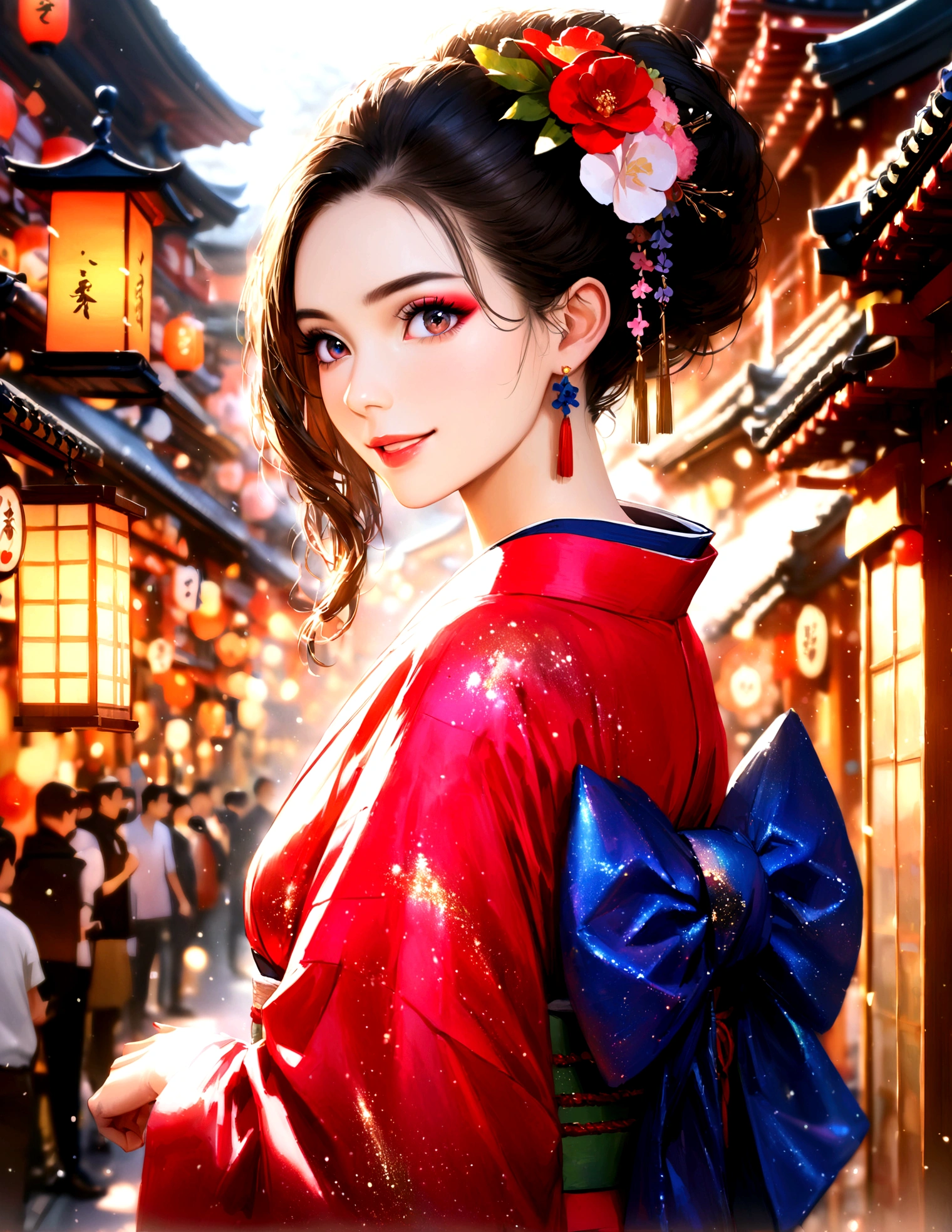 Kyoto, kimono,Maiko makeup,Blur the background,young woman,smile,Glitter effect,Highest quality, 8K, High resolution, masterpiece:1.2, Very detailed, Realistic:1.37, High resolution, 超High resolution, Ultra-fine painting, Professional, Vibrant colors