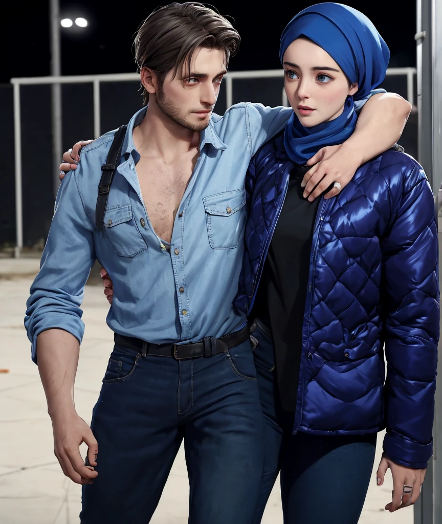 he is injured and she carries him, a woman is carrying an injured man on the street, a young German man in a blue cotton shirt and jeans and a Syrian woman in a shiny plastic quilted coat and blue satin headscarf stand arm in arm in front of a refugee shelter, A German man in a cotton shirt and jeans is injured and is supported by a Syrian woman, A Syrian woman wearing a shiny plastic down coat supports an injured short-haired man, who can't walk alone, A Syrian woman wearing a headscarf holds an injured short-haired man in her arms, compassion, accident, injury, first aid, theater, ultra-realistic, photo