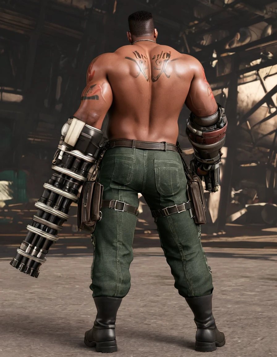 barret, dark skin male with gun arm and tattoo, sunglasses, bulk , shirtless , (black g-string) , full body , black boots , backside , back side