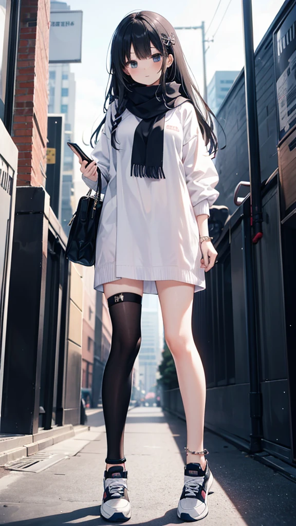 1girl,,legwear,,anklet,black hair,straight_hair,hime cut,long hair,sneakers,huge filesize,scarf，