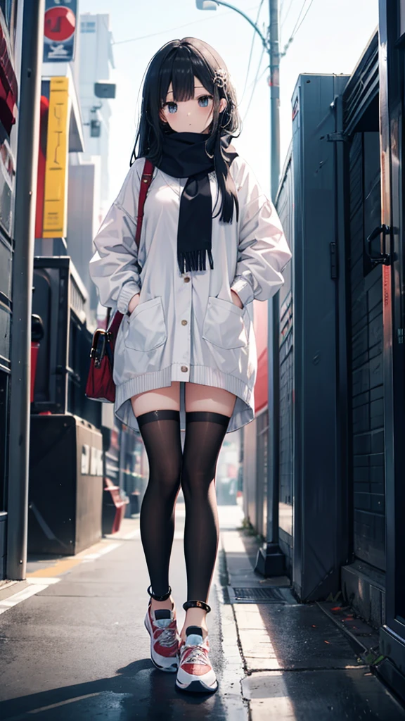 1girl,,legwear,,anklet,black hair,straight_hair,hime cut,long hair,sneakers,huge filesize,scarf,