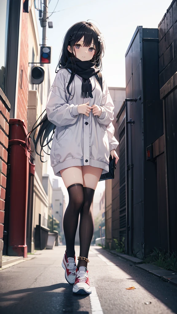 1girl,,legwear,,anklet,black hair,straight_hair,hime cut,long hair,sneakers,huge filesize,scarf,