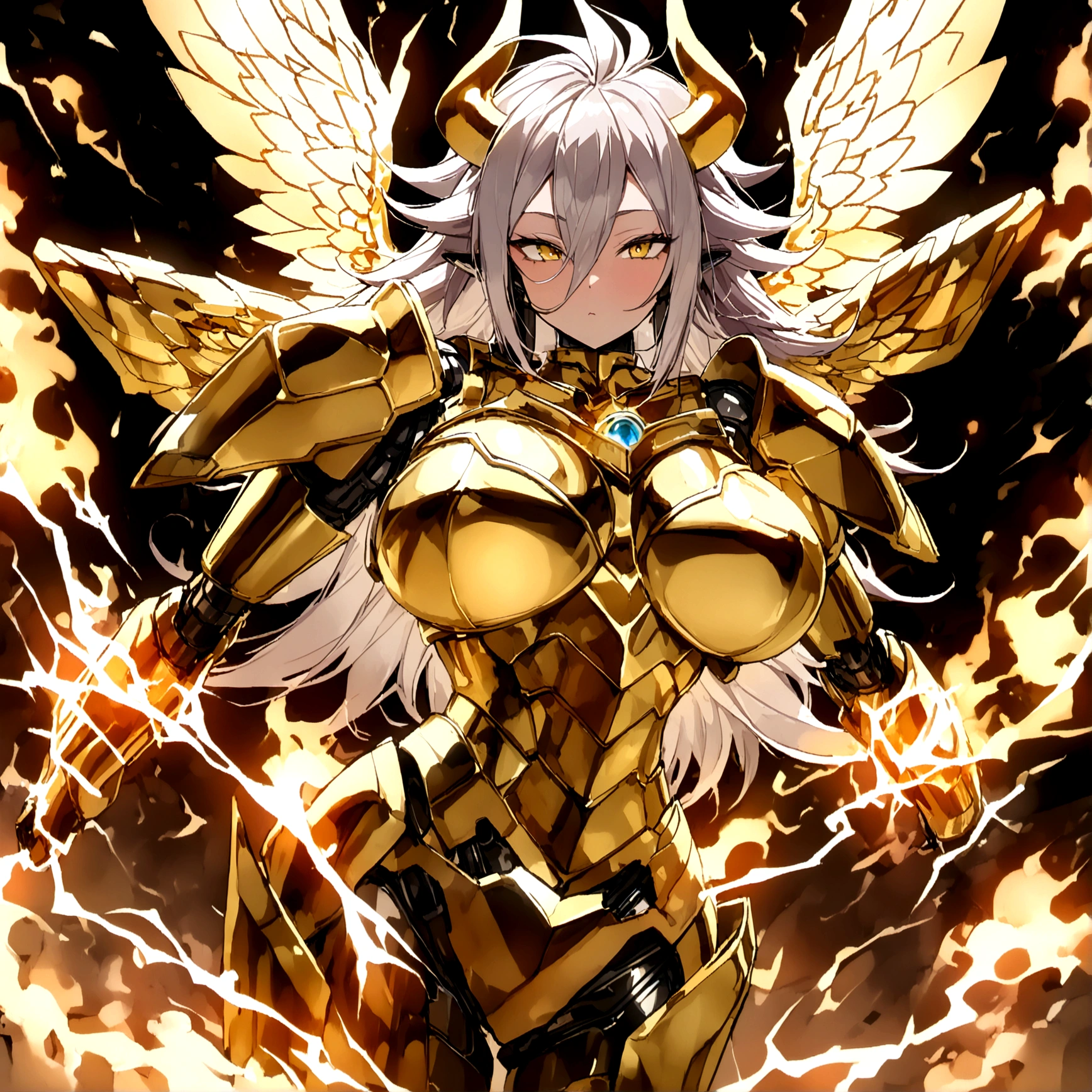((Lightning Power)), ((Electricity)), ((Fire Background)), ((Lightning Storm)), ((Power Erupting)), (((((android 21))))), ((((Very Big Rasengan)))), (((Evil Power))), (((white Coat))), (((Busty))), (((((Big breast:1,3)))), luxury bustier corset, (((silver hair))), (((Very slim waist))), propotional body, ((Gorgeous)), (((Fire Blazing Horns))), ((((gold wings))), masterpiece, hyperdetail, ambient effect, digital effect, (((Fire Gold Armor))), (((Lightning Gold Wings)))