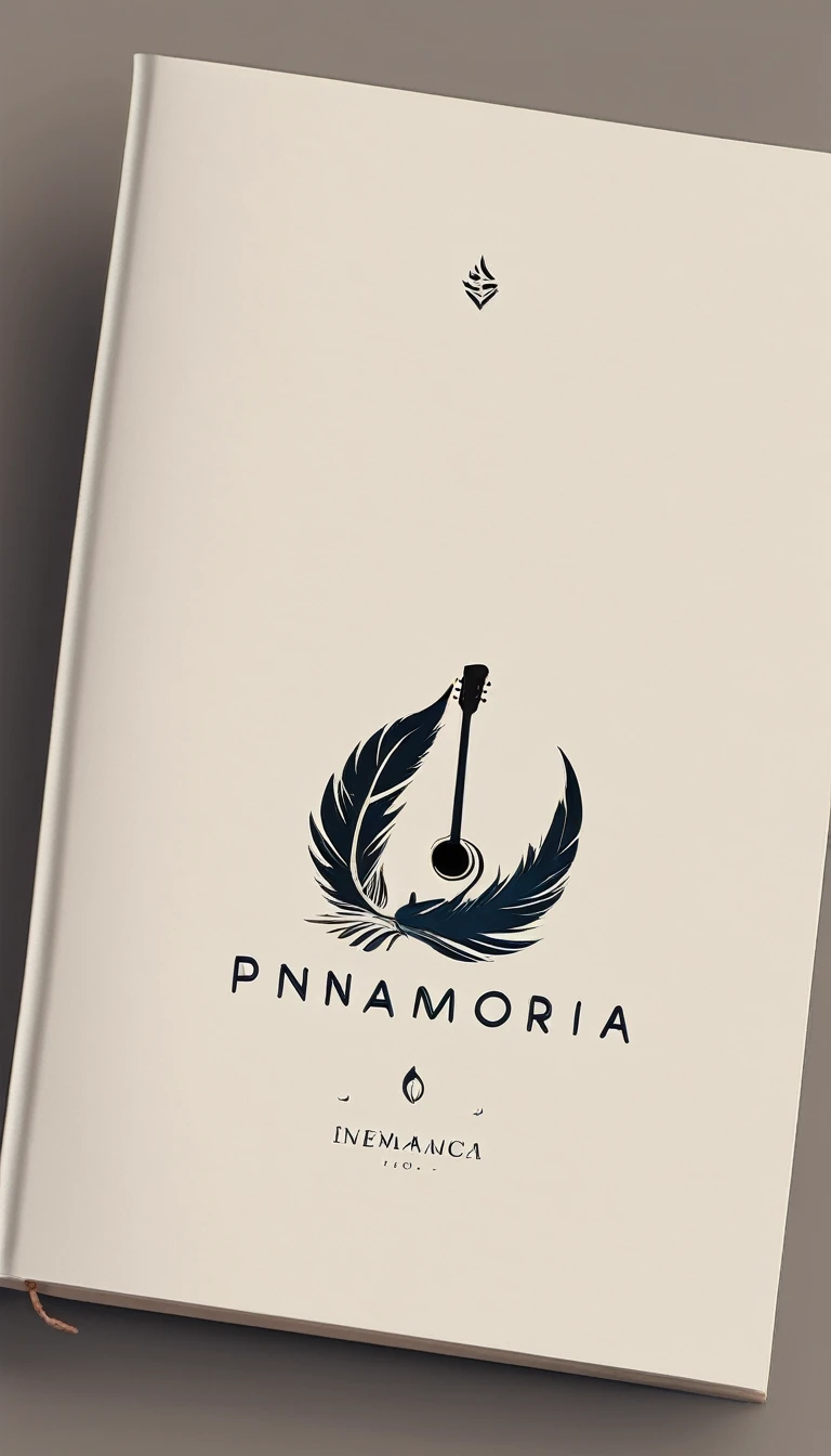 A minimal, modern, simple, cinematic logotype for the brand “Penamemoria". The logotype must be a simple, magical feather and a boy playing acoustic guitar. The logo must convey a sense of music, stories and dreams. Logo design impressed on a book cover. Minimalistic logo