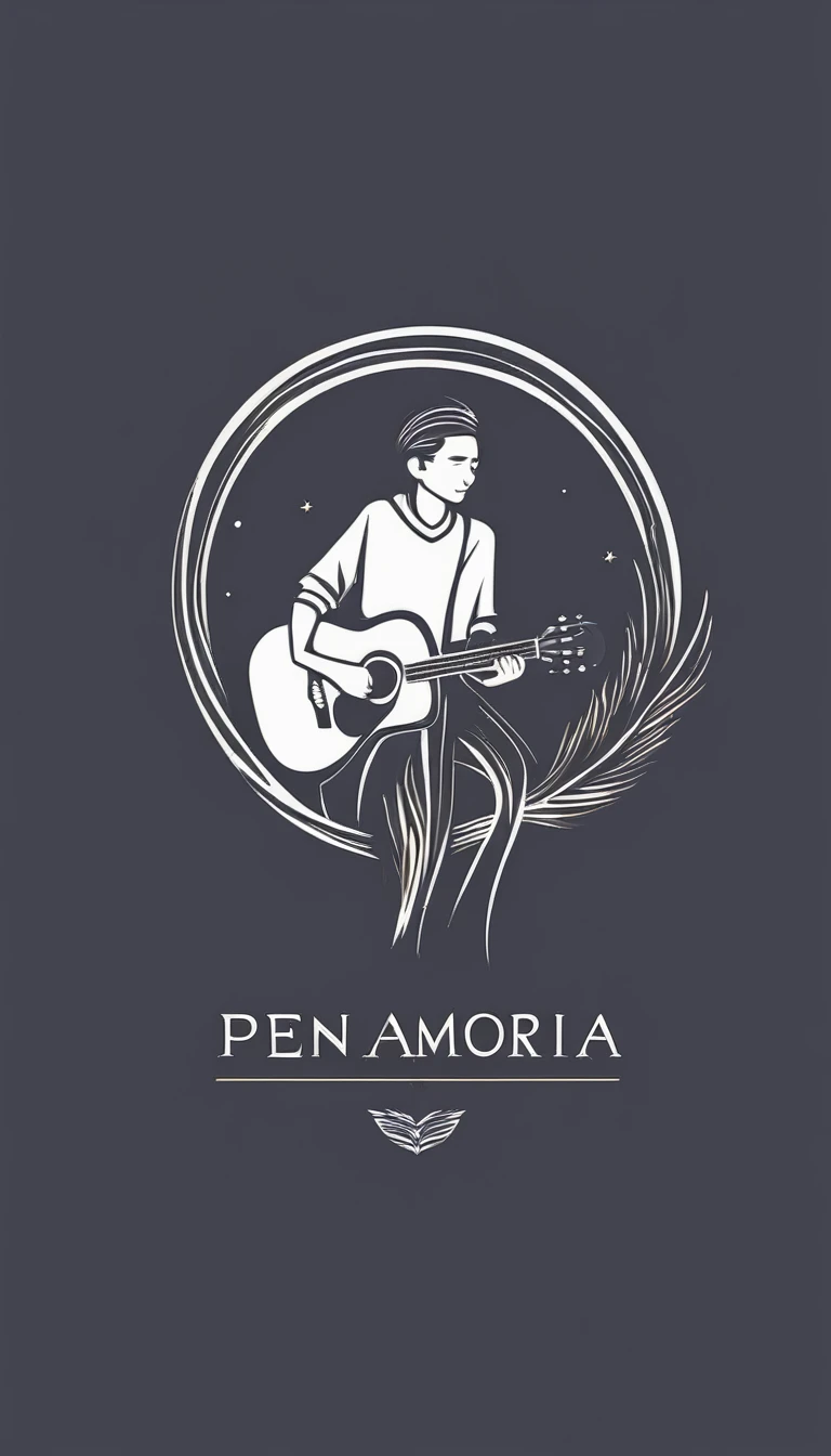 A minimal, modern, simple, cinematic logotype for the brand “Penamemoria". The logotype must be a simple, magical feather and a boy playing acoustic guitar. The logo must convey a sense of music, stories and dreams. Logo design impressed on a book cover. Minimalistic logo
