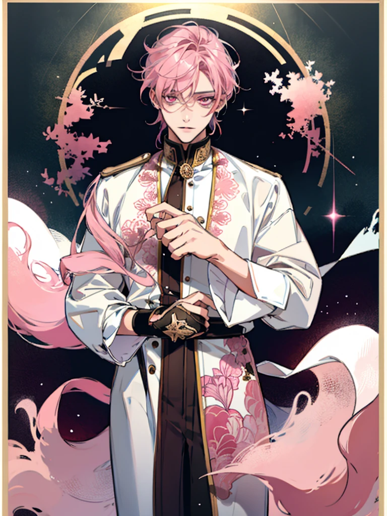 clear line drawing, transparent watercolor, clear shading, beautiful young man, slim,mail,pink hair,pink eyes