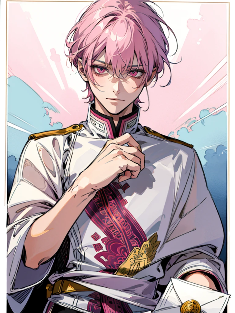clear line drawing, transparent watercolor, clear shading, beautiful young man, slim,mail,pink hair,pink eyes