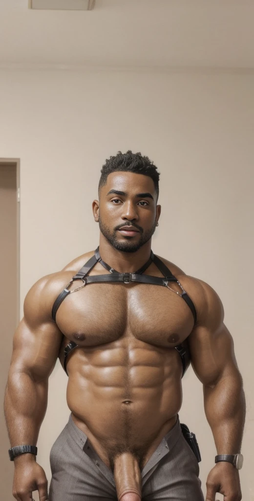 1boy, African American, solo, facial hair,34 yrs old, dom, male focus, flaccid penis, bald head, pectorals, bara, muscular, mature male, muscular male, abs, beard, ring nipples, chest harness, short hair, navel, stomach, large pectorals, thick eyebrows, bare pectorals, dark-skinned male, erection, thighs, erection under clothes, fancy suit, dark skin, tie, open shirt, jacket, grey business suit, pectoral cleavage, cowboy shot, cop agent uniform, feet out of frame, thick thighs, looking at viewer, masterpiece, 4k, high quality, highres, absurdres,