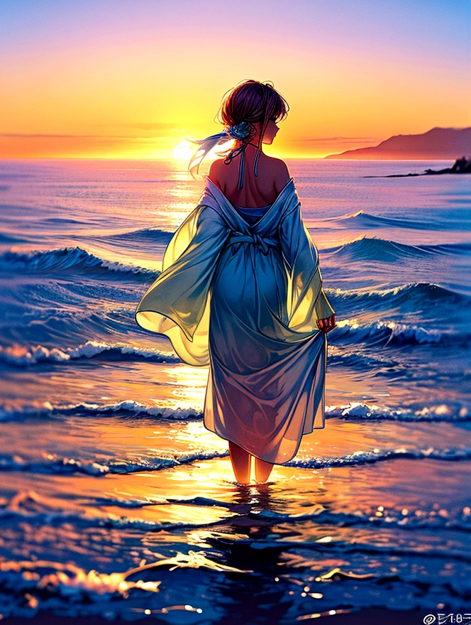 Create a watercolor painting of a person standing at the edge of the sea, facing the horizon. The scene should depict gentle waves lapping at the shore and a clear sky overhead. The person is dressed in a flowing, light-colored robe with a dark headscarf, their back facing the viewer. The composition should emphasize the serene and tranquil atmosphere, capturing the interplay of light and shadow on the water and the person's clothing. Use soft, fluid brushstrokes and pastel colors to create a dreamy, soothing effect.