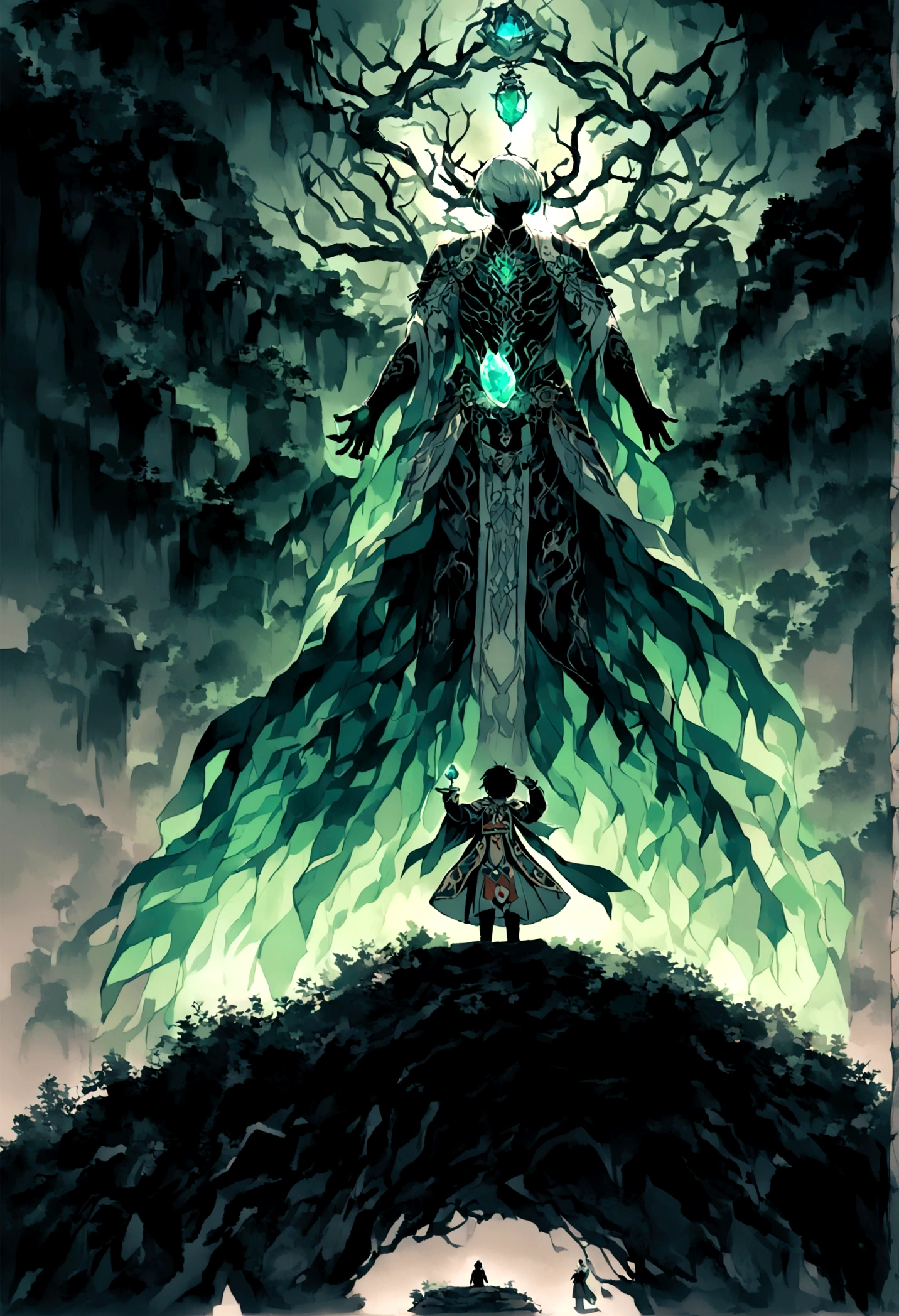 ((The background is in a dark cave)),mysterious,((There must be a glowing stone suspended in the cave.)),A boy standing below,((boy)),Childlike,short hair,((Chinese style,Immortal World,Xianxia World)),Primeval forest,only one person
