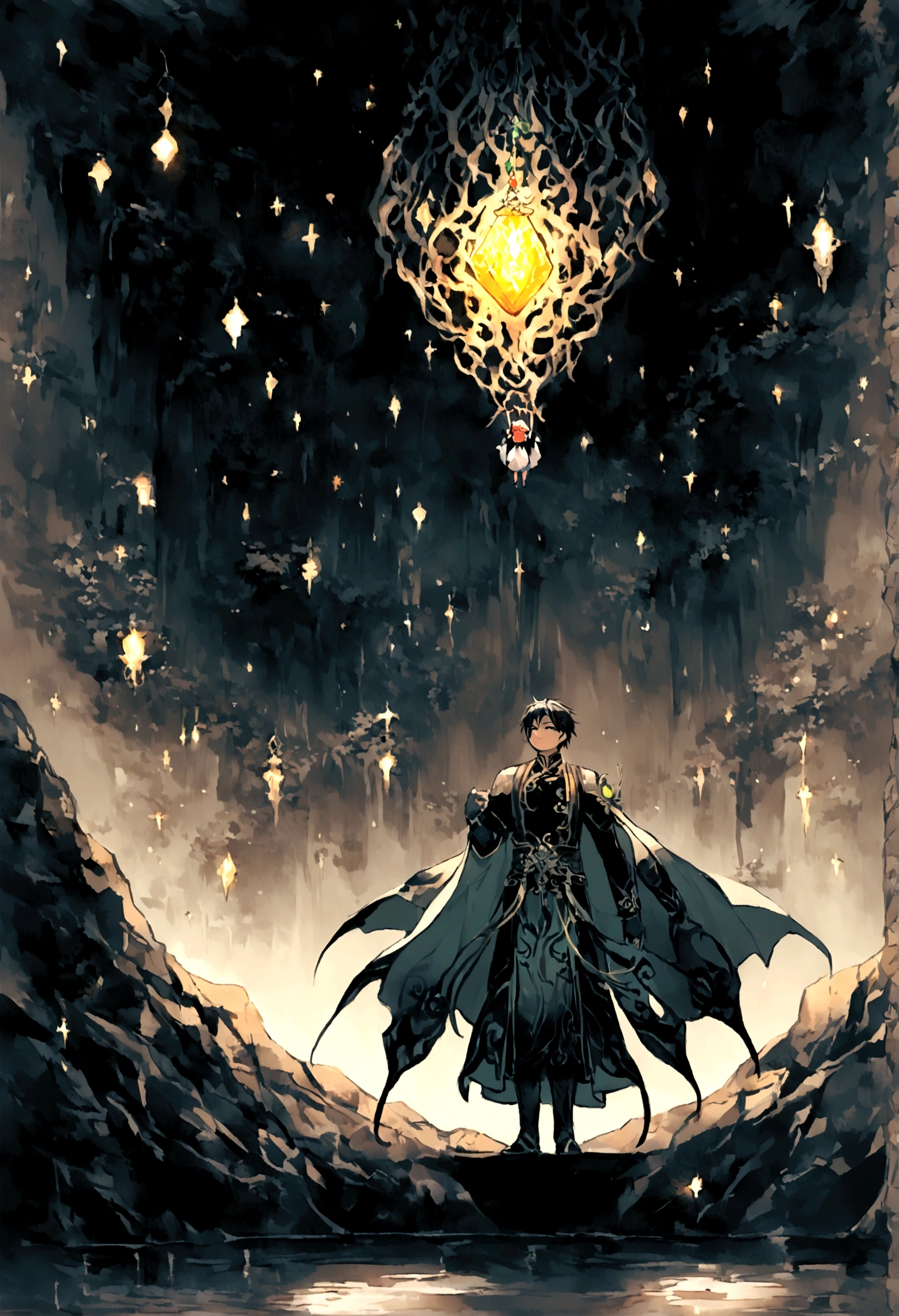((The background is in a dark cave))，mysterious，((There must be a glowing stone suspended in the cave.))，A boy standing below，((boy))，Childlike，short hair，((Chinese style，Immortal World，Xianxia World)),Primeval forest，only one person