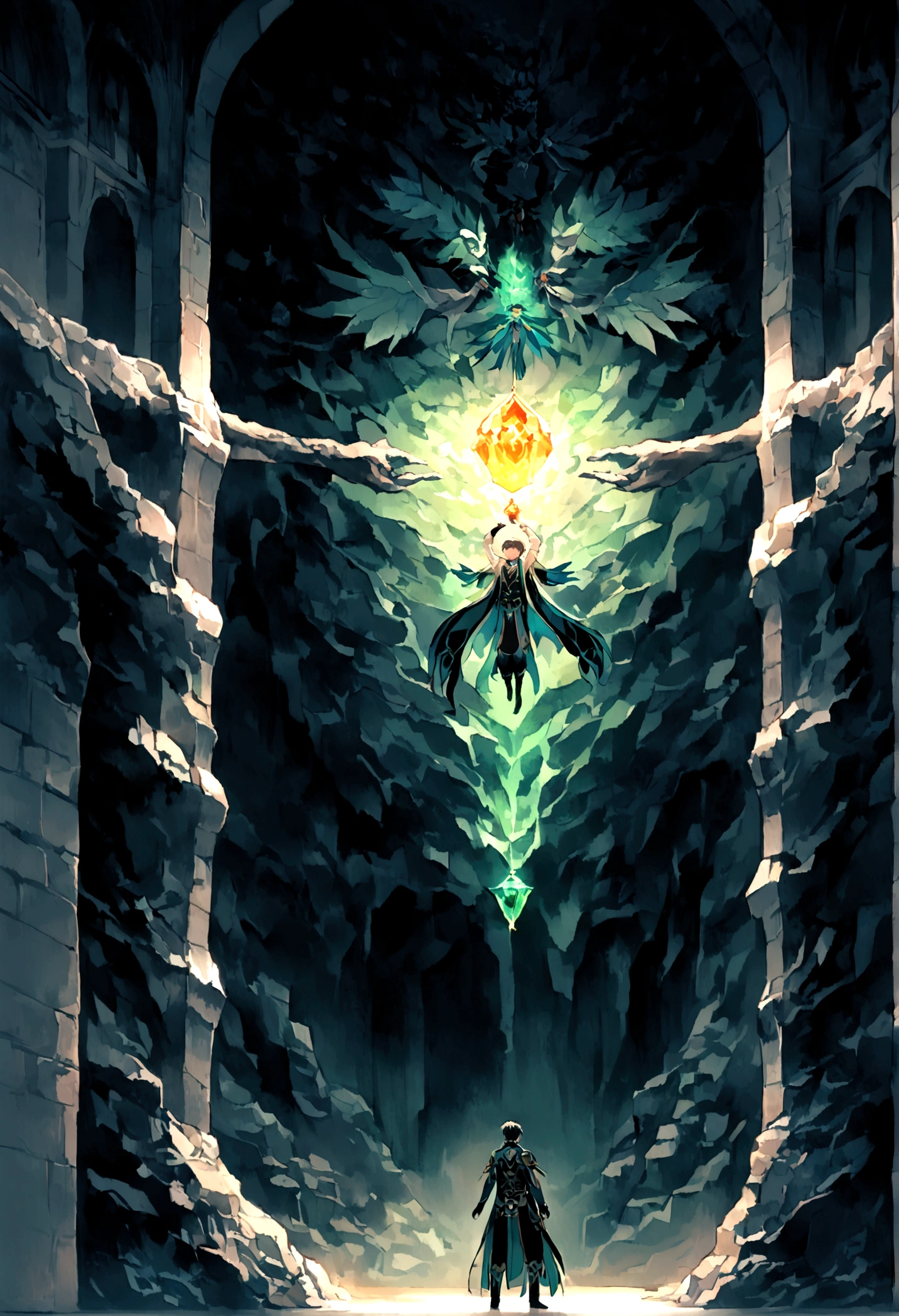 ((The background is in a dark cave))，mysterious，((There must be a glowing stone suspended in the cave.))，A boy standing below，((boy))，Childlike，short hair，((Chinese style，Immortal World，Xianxia World)),Primeval forest，only one person