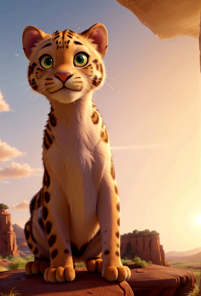 (best quality,4k,8k,highres,masterpiece:1.2),ultra-detailed,(realistic,photorealistic,photo-realistic:1.37),dawn,leopard perched on rugged cliff,overlooking vast grassland,dawn light casting long shadows,reflective eyes,soft sunlight,cinematic,illustration,high-definition,realistic fur texture,majestic,serene,ethereal,surreal,rich colors,warm tones,soft lighting