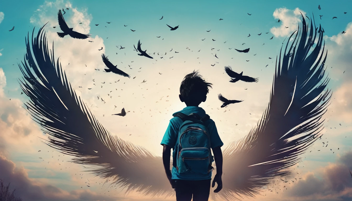 Create a professional, fantastic, cinematic Youtube Banner for a brand about music and stories called " Penamemoria". Masterpiece, 4k, sharp focus, highest quality,wide shot. The title is " Penamemoria". Is a brand about the creative, unique journey of a boy into becoming a musician storyteller. In his journey he finds inspiration in a world of birds and feathers. Minimalistic, simple, poetic, dreamy logotype at the center of the image. The Background image is a world full of fantastic feathers, unique birds, light blue sky, and a boy running happily into the horizon with an acoustic guitar in his right hand. Boy running against the wind, almost simulating like he is flying

