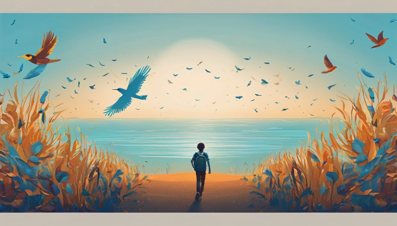 Create a professional, fantastic, cinematic Youtube Banner for a brand about music and stories called " Penamemoria". Masterpiece, 4k, sharp focus, highest quality,wide shot. The title is " Penamemoria". Is a brand about the creative, unique journey of a boy into becoming a musician storyteller. In his journey he finds inspiration in a world of birds and feathers. Minimalistic, simple, poetic, dreamy logotype at the center of the image. The Background image is a world full of fantastic feathers, unique birds, light blue sky, and a boy running happily into the horizon with an acoustic guitar in his right hand. Boy running against the wind, almost simulating like he is flying