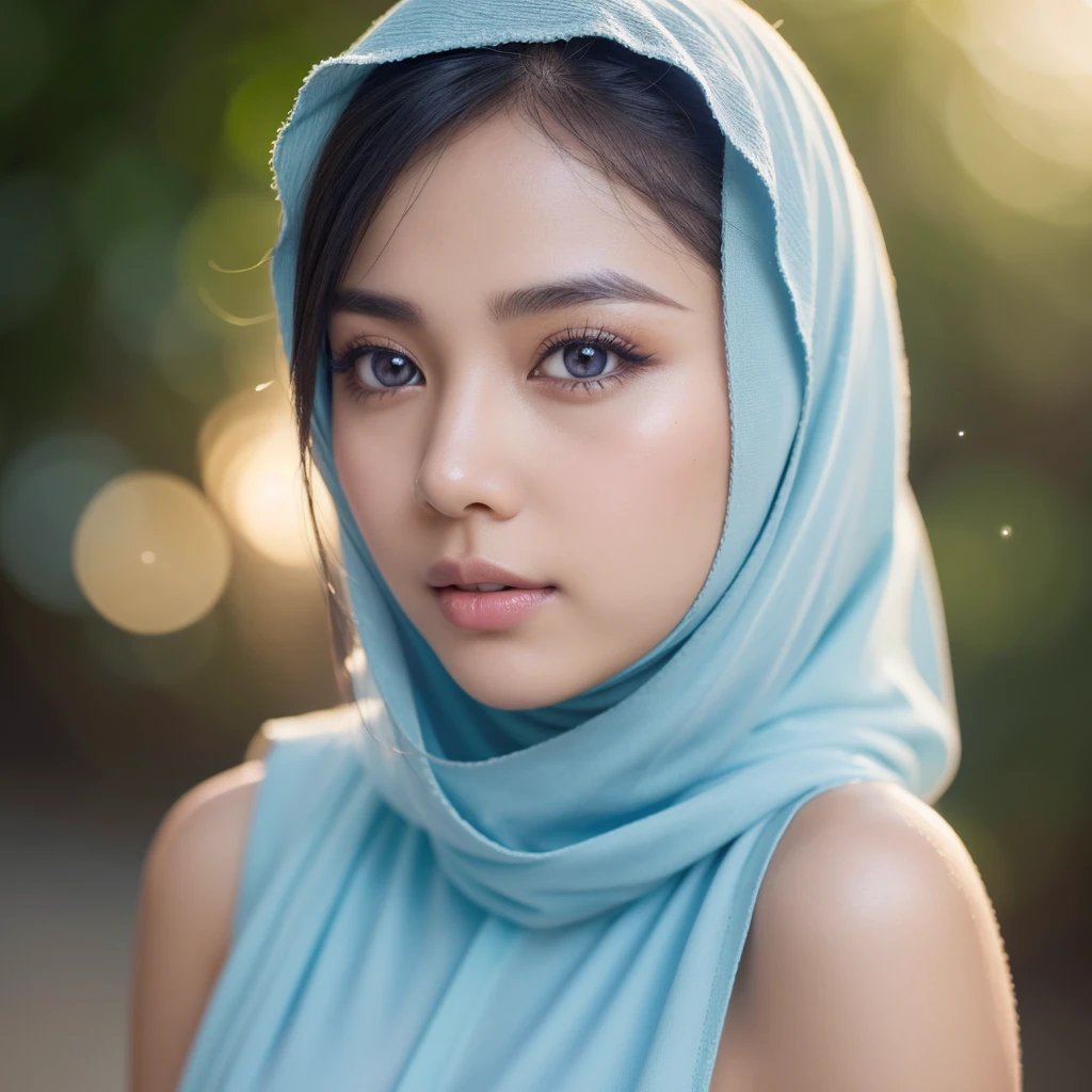 1 javanese girl, beautiful detailed eyes, beautiful detailed lips, extremely detailed face, long eyelashes, shy expression, wearing blue pastel lingerie, modern plain hijab, medium portrait shot, proportional body, watery eyes, glowing particles, light bokeh background, cinematic lighting, soft color palette, dreamlike, highly detailed, photorealistic, 8k, best quality